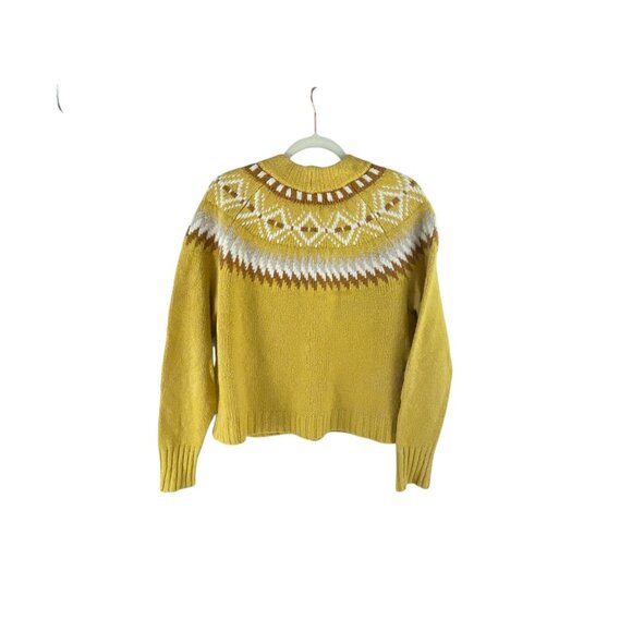 American Eagle Nordic Pattern Knit Mock Neck Sweater L Yellow Oversized Classic - Picture 3 of 7